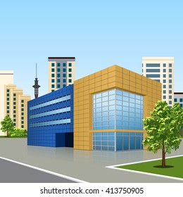 office building with the entrance and a reflection on the background of the street