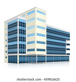 office building with entrance and reflection on white background