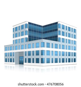 office building with entrance and reflection on white background