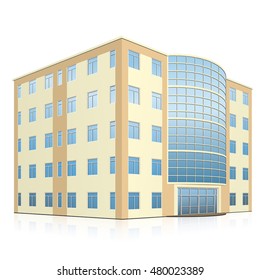 office building with entrance and reflection on white background
