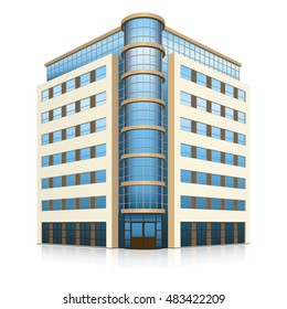 office building with entrance and reflection on white background