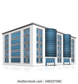 office building with entrance and reflection on white background