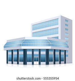 office building with entrance and reflection on white background