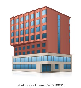 office building with entrance and reflection on white background