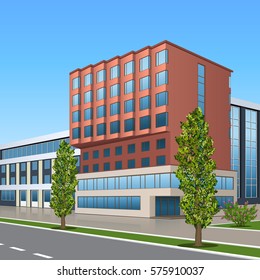 office building with the entrance and a reflection on the background of the street