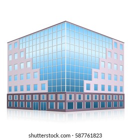 office building with entrance and reflection on white background