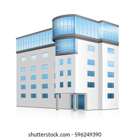 office building with entrance and reflection on white background
