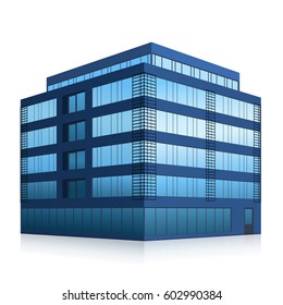 office building with entrance and reflection on white background