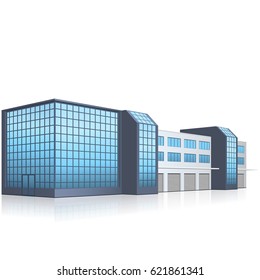 office building with entrance and reflection on white background