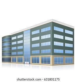 office building with entrance and reflection on white background