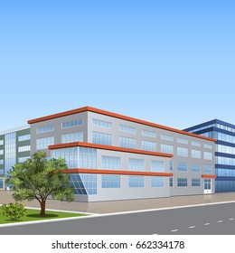 office building with the entrance and a reflection on the background of the street