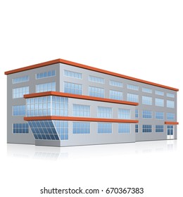 office building with entrance and reflection on white background
