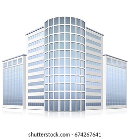 office building with entrance and reflection on white background