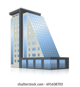 office building with entrance and reflection on white background