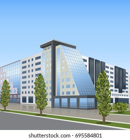 office building with the entrance and a reflection on the background of the street