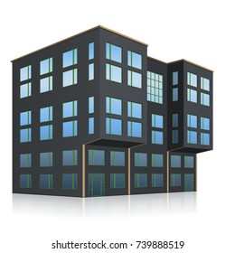 office building with entrance and reflection on white background