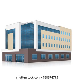 office building with entrance and reflection on white background