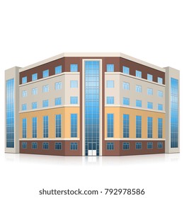 office building with entrance and reflection on white background