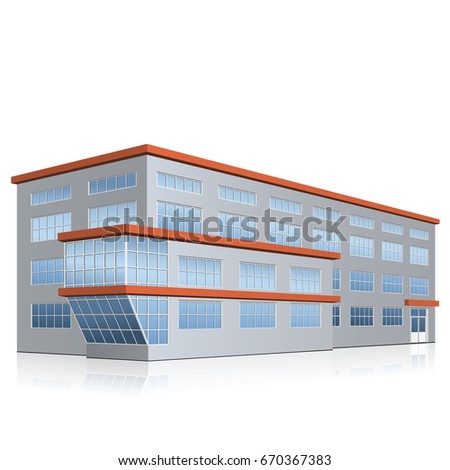 office building with entrance and reflection on white background