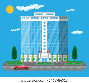 Office building exterior. Commercial building, hotel, business centre. Skyscraper modern city house. Road, car, tree, sun and clouds. Vector illustration in flat style