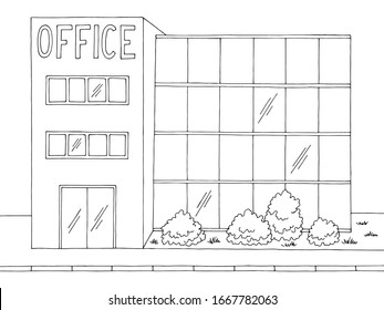 Office building exterior front view graphic black white sketch illustration vector