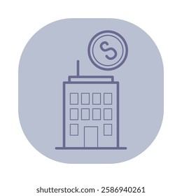 Office building with finance icon hovering above. Business activity and economic focus, connection between buildings and finance concept