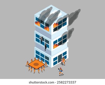 Office Building Fire Rescue Emergency 3d isometric vector illustration