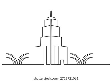 Edificio de oficinas con hierba continua una línea de dibujo sobre fondo blanco