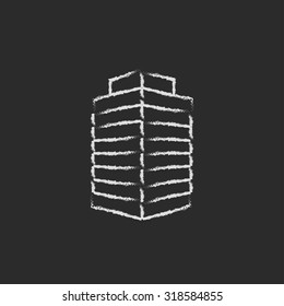 Office building hand drawn in chalk on a blackboard vector white icon isolated on a black background.