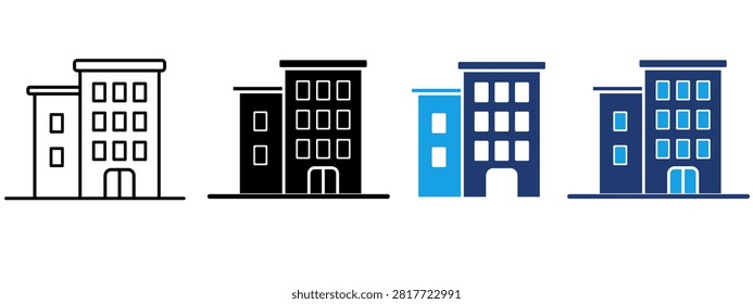 Office building and hotel icons representing real estate property, commercial structure, corporate architecture, urban apartments, housing development, and city business center.