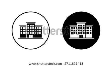 Office building icon in black circle. Commercial property and urban architecture symbol