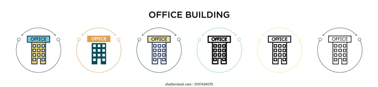 Icono de creación de Office en estilo relleno, delgado, de contorno y trazo. Ilustración vectorial de dos diseños de iconos vectoriales de edificios de oficinas en color y negro para móviles, ui, web