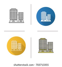 Office building icon. Flat design, linear and color styles. Business district. Isolated vector illustrations