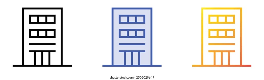 Icono de edificio de oficinas. Lineal, relleno azul y diseño de estilo degradado aislado sobre fondo blanco