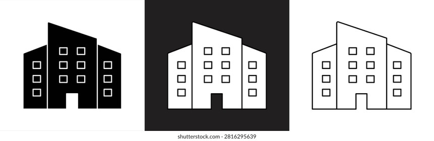 An office building icon set representing business, corporate enterprises, and commercial property. Symbols for headquarters, companies, organizations, and urban architecture. Vector illustration.