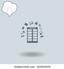 Office building icon with shadow. Cloud of download with arrow.