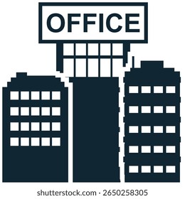 Vetor de ícone de edifício de escritório, representando a sede corporativa, centros de negócios e locais de trabalho urbanos. Ideal para ilustrar imóveis, propriedades comerciais e ambientes profissionais.