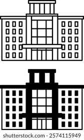 Office Building Icons. Black and White Vector Icons. Modern Building, Architecture. Financial Institution, Business Center. Office Concept