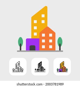 office building icons are designed in flat styles including line and solid styles and color filled line styles