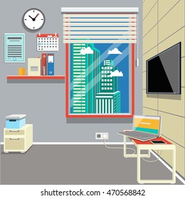 Office building interior. Cartoon flat colorful vector illustration.