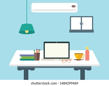 Office building interior. Desk with computer, chair, lamp, books and document papers.