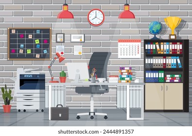 Interior del edificio de oficinas. Escritorio con computadora, silla, lámpara, libros y papeles de documentos. Espacio de trabajo empresarial moderno. Cajón, árbol, relojes, impresora de calendario. Lugar de trabajo de negocios moderno. Ilustración vectorial plana