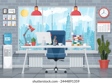 Interior del edificio de oficinas. Escritorio con computadora, silla, lámpara, libros y documentos. Enfriador de agua, cactus, reloj, ventana y paisaje urbano. Lugar de trabajo de negocios moderno. Ilustración vectorial en estilo plano