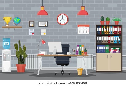 Interior del edificio de oficinas. Escritorio con computadora, silla, lámpara, libros y documentos. Enfriador de agua, árbol, relojes, calendario, taza. Ilustración vectorial de trabajo de negocios moderna en estilo plano