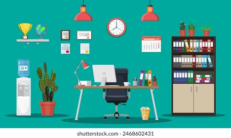 Office building interior. Desk with computer, chair, lamp, books and document papers. Water cooler, tree, clocks, calendar, cup. Modern business workplace Vector illustration in flat style