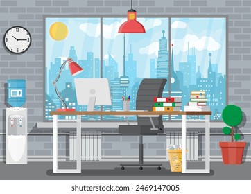 Office building interior. Desk with computer, chair, lamp, books and document papers. Water cooler, tree, clocks, window and cityscape. Modern business workplace. Vector illustration in flat style