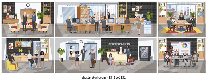 Office building interior. People sitting at the desk and work on computer. Busy worker. Corporate environment. Big company. Vector illustration in cartoon style