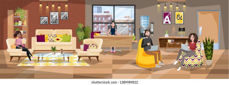 Office building interior. Reception room with administrator and visitor. Office worker and client. Woman waiting in the hall. Vector illustration in cartoon style