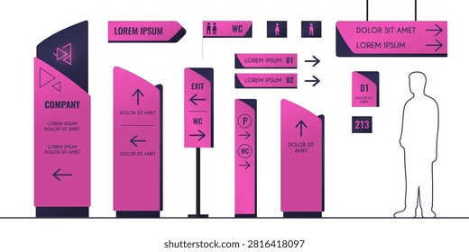 Office building interior signage set isolated on white. Vector realistic illustration of directory signs with arrows, company totem, pylon, direction indicator, advertising board, info stand, wc icons