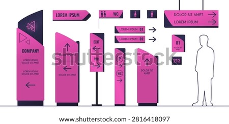 Office building interior signage set isolated on white. Vector realistic illustration of directory signs with arrows, company totem, pylon, direction indicator, advertising board, info stand, wc icons